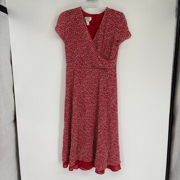 Talbots Red Polka Dot 100% Silk Midi Faux Wrap V-Neck Dress Size 12 - Picture 1 of 8